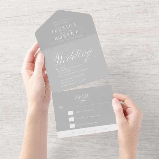 Elegant Script Grey and White Calligraphy Wedding All In One Uitnodiging (Afscheurbaar)