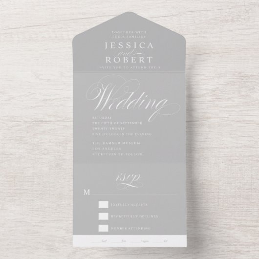 Elegant Script Grey and White Calligraphy Wedding All In One Uitnodiging (Binnen)