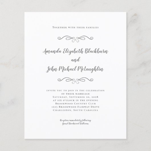 Elegant script grijze budget trouwuitnodiging (Voorkant)