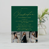 Elegant Script Groen 3 Foto Graduation Party Folie Uitnodiging (Staand Voorkant)