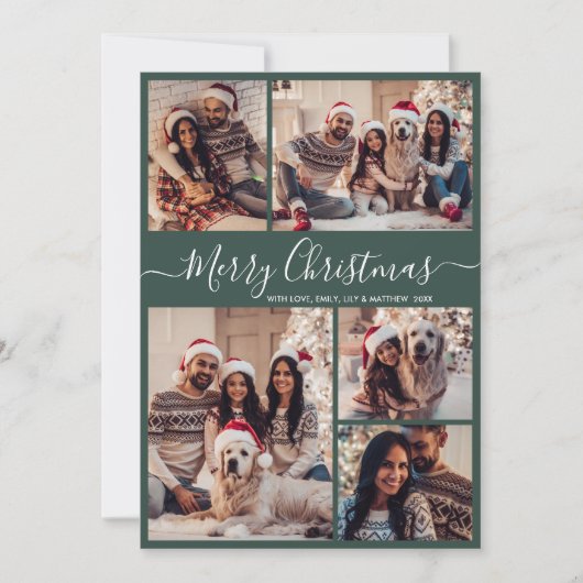 Elegant Script Groen 5 Fotocollage Kerstmis Feestdagenkaart (Voorkant)