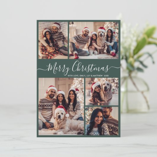 Elegant Script Groen 5 Fotocollage Kerstmis Feestdagenkaart (Staand voorkant)