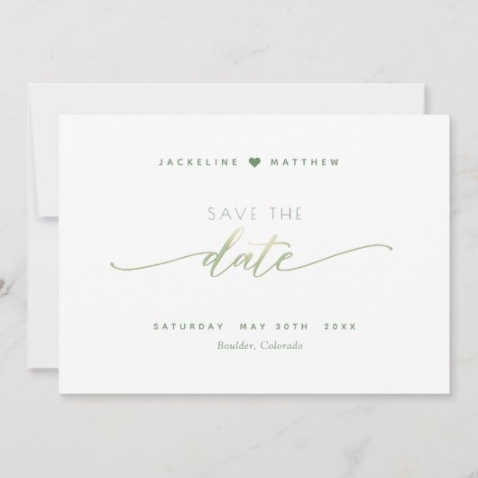 Elegant script, groen, eenvoudig huwelijk save the date (Voorkant)