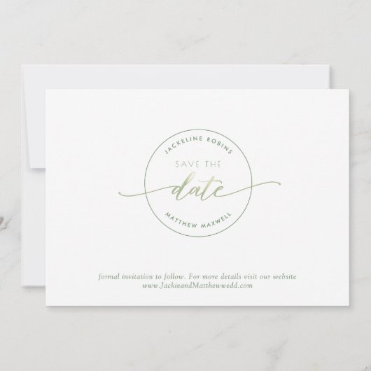Elegant script, groen, eenvoudig huwelijk save the date (Achterkant)