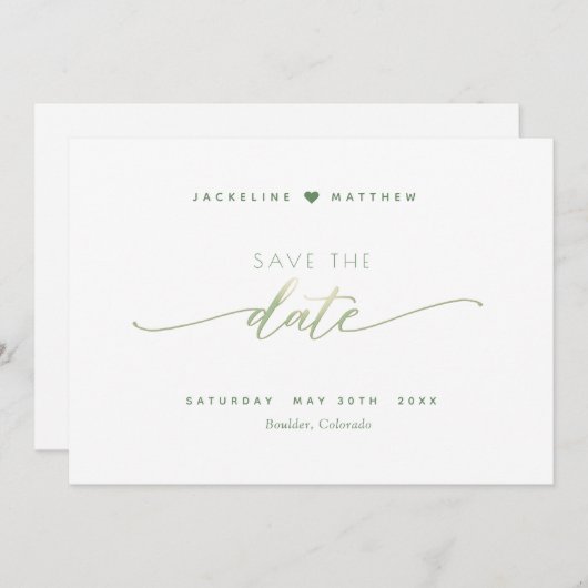 Elegant script, groen, eenvoudig huwelijk save the date (Voorkant / Achterkant)