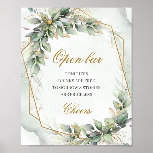 Elegant script groen eucalyptus goud Open bar teke Poster (Voorkant)