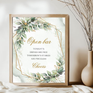 Elegant script groen eucalyptus goud Open bar teke Poster