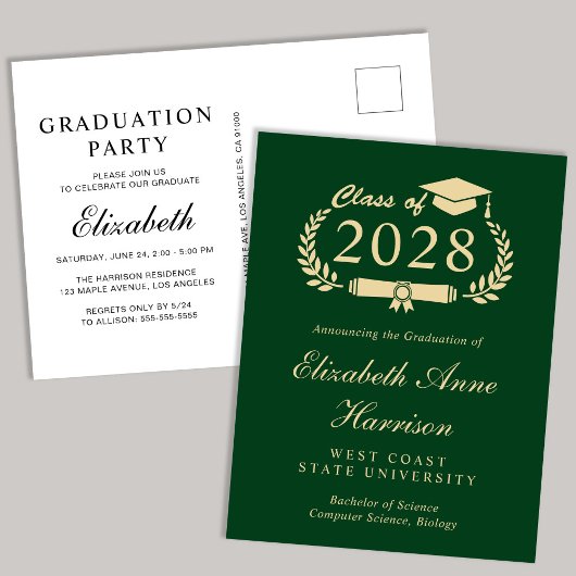 Elegant Script Groen Goud College Afstudeerfeest Uitnodiging Briefkaart