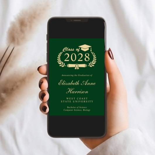 Elegant Script Groen Goud Foto College Afstuderen Aankondiging