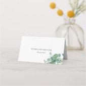 Elegant script groen laat eucalyptus bruiloft plaatskaartje (Achterkant)