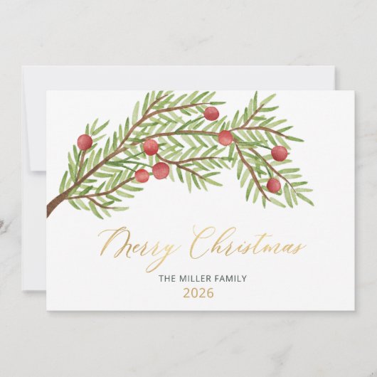 Elegant script groen rode bessen kerst feestdagenkaart (Voorkant)