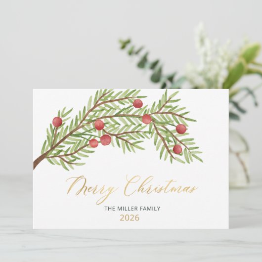 Elegant script groen rode bessen kerst feestdagenkaart (Staand voorkant)