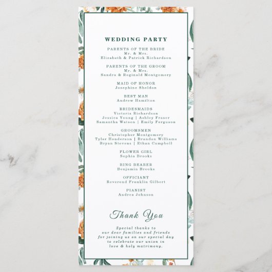 Elegant Script groen Waterverf bloemenbruiloft Programmakaart (Achterkant)