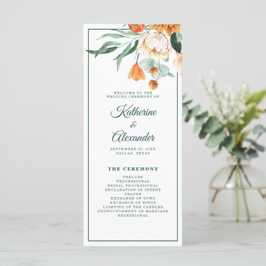 Elegant Script groen Waterverf bloemenbruiloft Programmakaart (Staand voorkant)