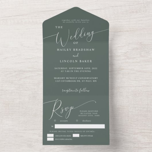 Elegant-script Groene Minimale Weddenschap All In One Uitnodiging (Binnen)