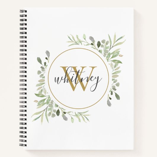 Elegant Script Groenery Chic Gouden Monogram Notitieboek (Voorkant)
