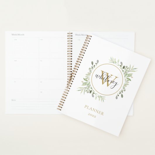 Elegant Script Groenery Goud Monogram 2023 Planner (Display)
