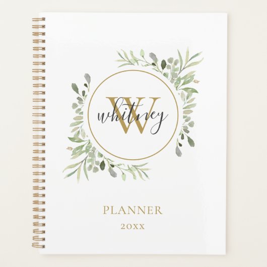 Elegant Script Groenery Goud Monogram 2023 Planner (Voorkant)