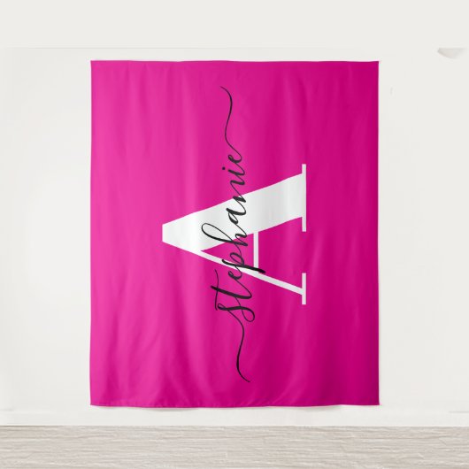 Elegant script Groot monogram Een hete roze Wandkleed (Voorkant)