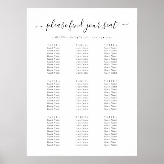 Elegant Script Guest List Wedding Seating Chart Poster (Voorkant)
