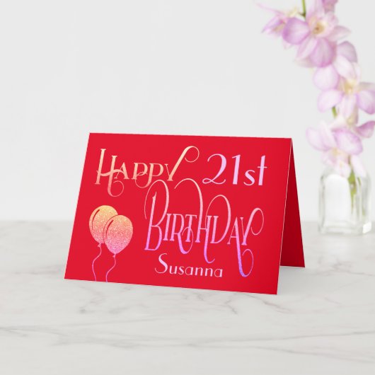 Elegant Script Happy 21st Name Red Birthday Kaart (Orchidee)