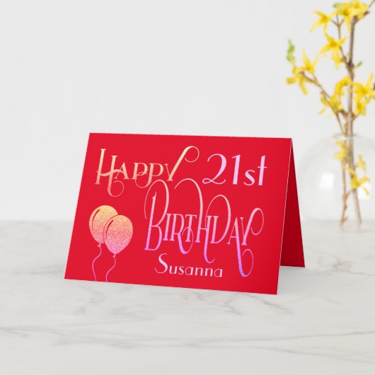 Elegant Script Happy 21st Name Red Birthday Kaart (Gele Bloem)