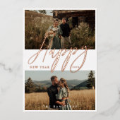 Elegant Script Happy New Year Minimale Couple Phot Folie Feestdagenkaart (Voorkant)