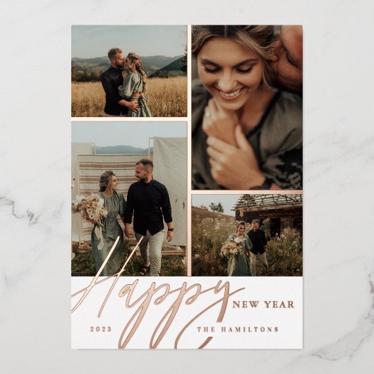 Elegant Script Happy New Year Minimale Fotoraster Folie Feestdagenkaart (Voorkant)
