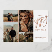 Elegant Script Happy Nieuwjaar Minimale 4 Foto Folie Feestdagenkaart (Voorkant)