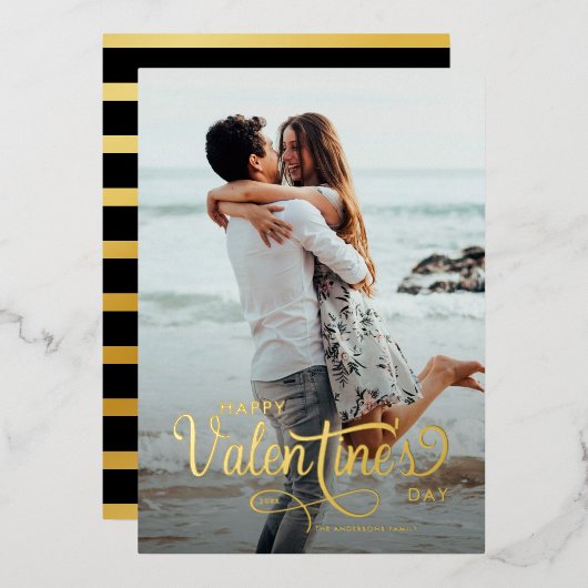Elegant Script Happy Valentine's Day Photo Stripe Folie Feestdagenkaart (Voorkant / Achterkant)