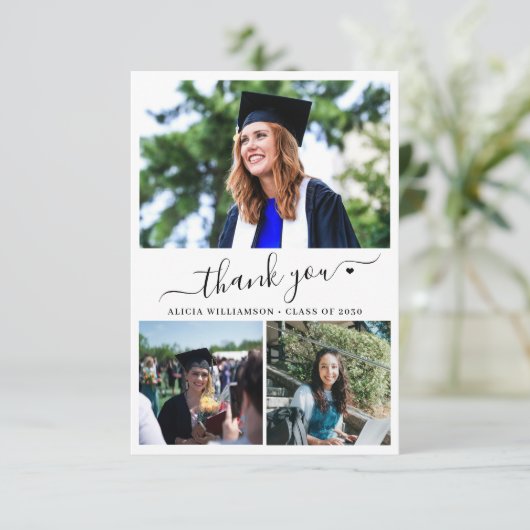 Elegant script hart afstuderen 3 foto collage bedankkaart (Staand voorkant)