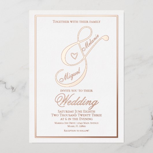 Elegant Script Hart Ampersand Trouwkaart Gedrukt   Folie Uitnodiging (Voorkant)