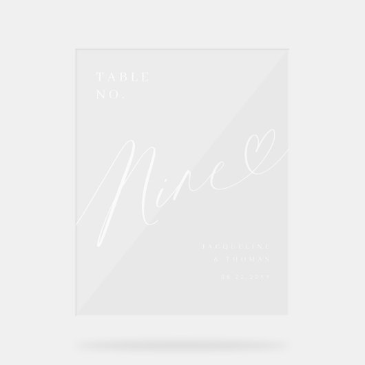 Elegant Script hart bruiloft tabel nummer negen Acryl Bord (Voorkant)
