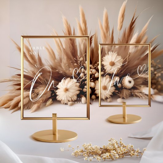 Elegant Script Hart Bruiloft Tafel Nummer Drie Acryl Bord