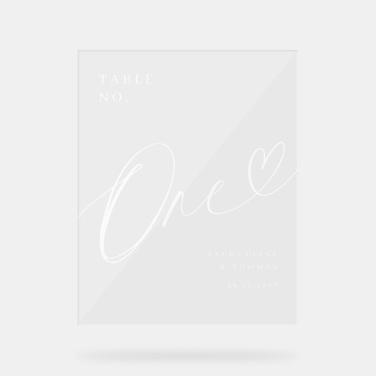 Elegant Script Hart Bruiloft Tafel Nummer Een Acryl Bord (Voorkant)