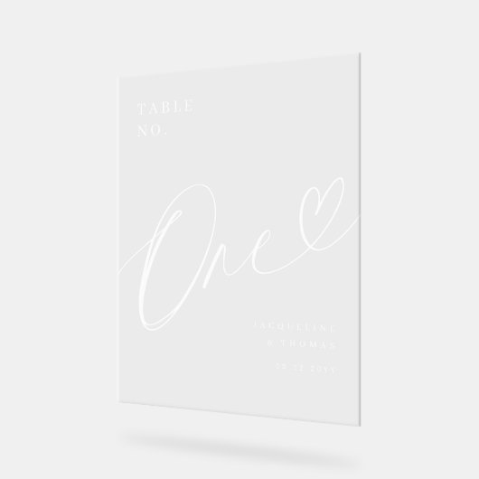 Elegant Script Hart Bruiloft Tafel Nummer Een Acryl Bord (Hoek)