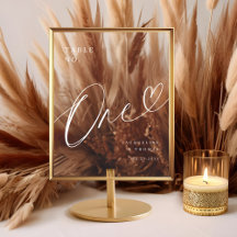 Elegant Script Hart Bruiloft Tafel Nummer Een