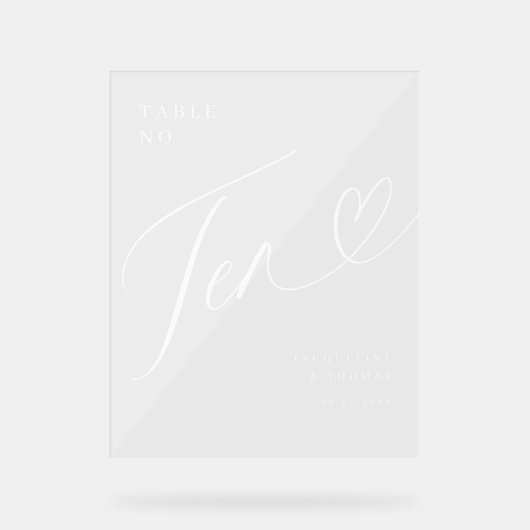 Elegant Script Hart Bruiloft Tafel nummer tien Acryl Bord (Voorkant)