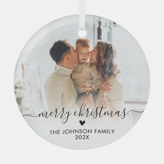 Elegant Script Hart Familie Foto Vrolijk Kerstfees Glas Ornament (Voorkant)