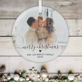 Elegant Script Hart Familie Foto Vrolijk Kerstfees Glas Ornament