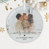 Elegant Script Hart Familie Foto Vrolijk Kerstfees Glas Ornament