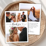 Elegant Script Hart Foto Bruiloft Dank u Kaart<br><div class="desc">Elegant Modern Kalligrafie Script 3 Fotocollage Bruiloft Dank je Kaart. Stijlvolle bruiloft dank u kaart sjabloon met drie (3) foto op de voorkant en een (1) foto op de achterkant. Met de "Thank You" tekst in een wervelende hand geletterde kalligrafie of typografie swash tail font script in zwart op witte...</div>