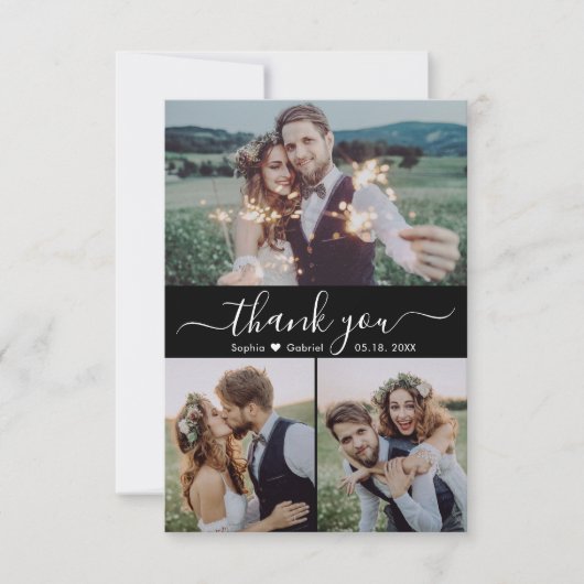 Elegant Script Hart Fotocollage Zwart Bruiloft Bedankkaart (Voorkant)