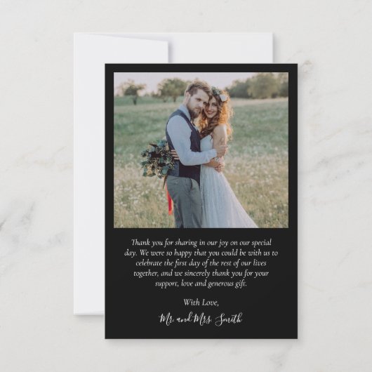Elegant Script Hart Fotocollage Zwart Bruiloft Bedankkaart (Achterkant)