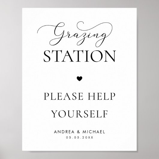 Elegant Script Hart Grazing Station Trouwbord Poster (Voorkant)