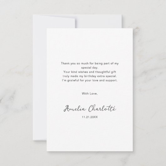 Elegant Script Hart Minimalistische Verjaardag Bedankkaart (Achterkant)