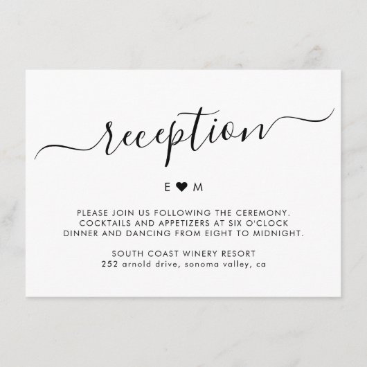 Elegant Script hart Monogram bruiloft receptie Informatiekaartje (Voorkant)