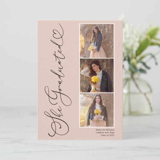 Elegant Script Heart 3 Foto Afstuderen Announceme Aankondiging (Staand voorkant)