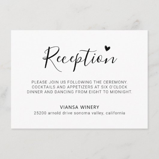 Elegant Script Heart Minimale bruiloft receptie Informatiekaartje (Voorkant)