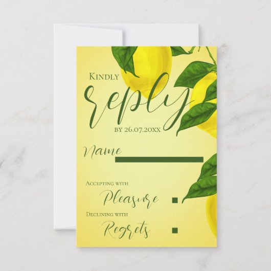 Elegant Script Helder Geel Citrus bruiloft RSVP Kaartje (Achterkant)